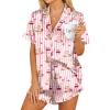 HOTOUCH Womens Satin Pajamas Set Button Down 2 Piece Silk Pjs Shorts Set Ruffle Lingerie Notch Collar Sleepwear(Teddy Bear)