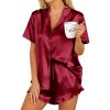 HOTOUCH Womens Satin Pajamas Set Button Down 2 Piece Silk Pjs Shorts Set Ruffle Lingerie Notch Collar Sleepwear(Wine Red)