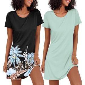 Ekouaer 2 Pack Nightgowns for Women Sleepshirt Short Sleeve Night Shirts Soft Sleep Dress Classic NightDress S-XXL(Black Coconut Tree+light Green)