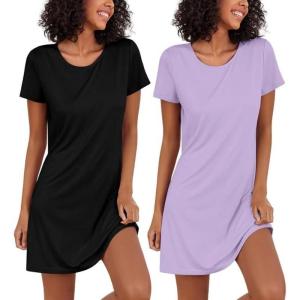 Ekouaer 2 Pack Nightgowns for Women Sleepshirt Short Sleeve Night Shirts Soft Sleep Dress Classic NightDress S-XXL(Black+purple)