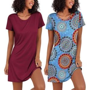 Ekouaer 2 Pack Nightgowns for Women Sleepshirt Short Sleeve Night Shirts Soft Sleep Dress Classic NightDress S-XXL(Blue Boho+maroon)