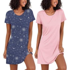 Ekouaer 2 Pack Nightgowns for Women Sleepshirt Short Sleeve Night Shirts Soft Sleep Dress Classic NightDress S-XXL(Blue Star+pink)