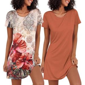 Ekouaer 2 Pack Nightgowns for Women Sleepshirt Short Sleeve Night Shirts Soft Sleep Dress Classic NightDress S-XXL(Flower+caramel)