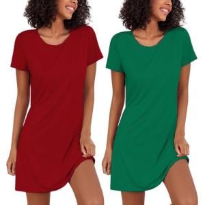 Ekouaer 2 Pack Nightgowns for Women Sleepshirt Short Sleeve Night Shirts Soft Sleep Dress Classic NightDress S-XXL(Green+red)