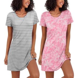 Ekouaer 2 Pack Nightgowns for Women Sleepshirt Short Sleeve Night Shirts Soft Sleep Dress Classic NightDress S-XXL(Pink Tie Dye+grey Stripe)