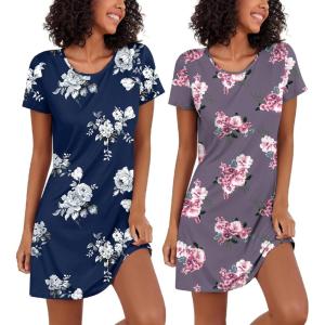 Ekouaer 2 Pack Nightgowns for Women Sleepshirt Short Sleeve Night Shirts Soft Sleep Dress Classic NightDress S-XXL(Purple Flower+navy Blue Flower)