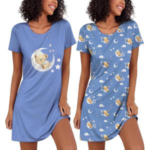 Ekouaer 2 Pack Nightgowns for Women Sleepshirt Short Sleeve Night Shirts Soft Sleep Dress Classic NightDress S-XXL(Purple Teddy Bear)