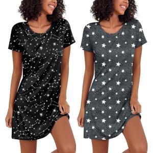 Ekouaer 2 Pack Nightgowns for Women Sleepshirt Short Sleeve Night Shirts Soft Sleep Dress Classic NightDress S-XXL(Star Gray+constellation)