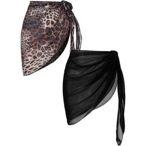 Ekouaer 2 Pieces Women Beach Sarongs Sheer Cover Ups Chiffon Bikini Wrap Skirt for Swimwear S-XXL(Black/Leopard)