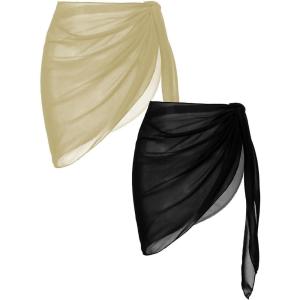 Ekouaer 2 Pieces Women Beach Sarongs Sheer Cover Ups Chiffon Bikini Wrap Skirt for Swimwear S-XXL(Black/Light Khaki)