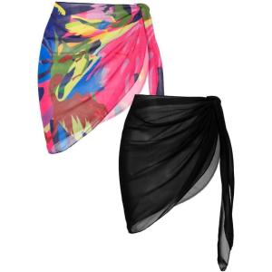 Ekouaer 2 Pieces Women Beach Sarongs Sheer Cover Ups Chiffon Bikini Wrap Skirt for Swimwear S-XXL(Black/Pink Blue Art Stripe)