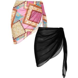 Ekouaer 2 Pieces Women Beach Sarongs Sheer Cover Ups Chiffon Bikini Wrap Skirt for Swimwear S-XXL(Black/Pink Orange Print)