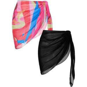 Ekouaer 2 Pieces Women Beach Sarongs Sheer Cover Ups Chiffon Bikini Wrap Skirt for Swimwear S-XXL(Black/Pink Yellow Art Stripe)