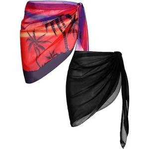 Ekouaer 2 Pieces Women Beach Sarongs Sheer Cover Ups Chiffon Bikini Wrap Skirt for Swimwear S-XXL(Black/Red Background Black Coconut Tree)