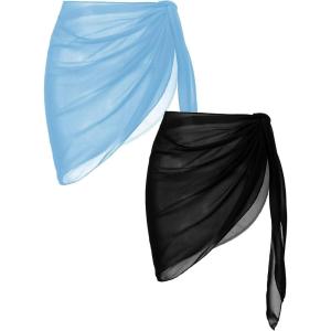 Ekouaer 2 Pieces Women Beach Sarongs Sheer Cover Ups Chiffon Bikini Wrap Skirt for Swimwear S-XXL(Black/Sky Blue)