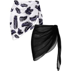 Ekouaer 2 Pieces Women Beach Sarongs Sheer Cover Ups Chiffon Bikini Wrap Skirt for Swimwear S-XXL(Black/White Background Black Leaves)