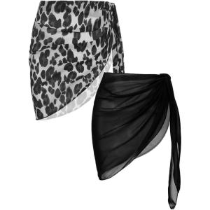 Ekouaer 2 Pieces Women Beach Sarongs Sheer Cover Ups Chiffon Bikini Wrap Skirt for Swimwear S-XXL(Black/White Leopard Print)
