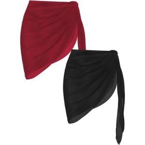 Ekouaer 2 Pieces Women Beach Sarongs Sheer Cover Ups Chiffon Bikini Wrap Skirt for Swimwear S-XXL(Black/Wine Red)