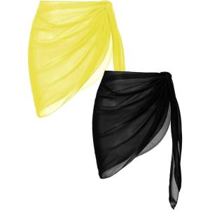 Ekouaer 2 Pieces Women Beach Sarongs Sheer Cover Ups Chiffon Bikini Wrap Skirt for Swimwear S-XXL(Black/Yellow)