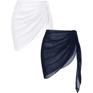 Ekouaer 2 Pieces Women Beach Sarongs Sheer Cover Ups Chiffon Bikini Wrap Skirt for Swimwear S-XXL(Navy Blue/White)