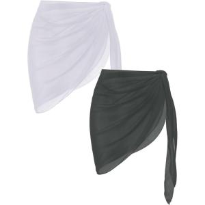 Ekouaer 2 Pieces Women Beach Sarongs Sheer Cover Ups Chiffon Bikini Wrap Skirt for Swimwear S-XXL(White/Grey)