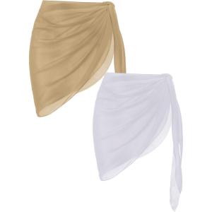 Ekouaer 2 Pieces Women Beach Sarongs Sheer Cover Ups Chiffon Bikini Wrap Skirt for Swimwear S-XXL(White/Khaki)