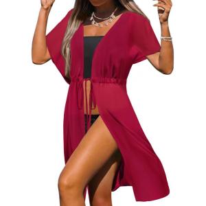 Ekouaer Bathing Suit Cover Up Chiffon Swim Suit Coverup Tie Front Sheer Beach Kimono Coverups Swimwear Cardigans(A10-red)