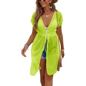 Ekouaer Bathing Suit Cover Up Chiffon Swim Suit Coverup Tie Front Sheer Beach Kimono Coverups Swimwear Cardigans(B03-fluorescent Yellow)