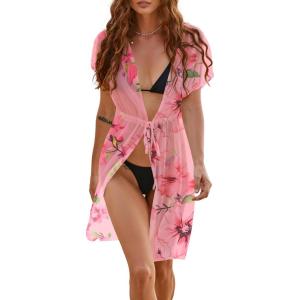 Ekouaer Bathing Suit Cover Up Chiffon Swim Suit Coverup Tie Front Sheer Beach Kimono Coverups Swimwear Cardigans(Print4)