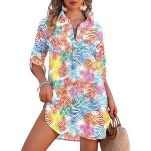 Ekouaer Beach Cover Ups for Women Bikini Swimsuit Coverup Beach Dress Shirt(Colorful Leaf)