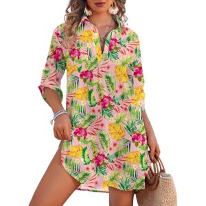 Ekouaer Beach Cover Ups for Women Bikini Swimsuit Coverup Beach Dress Shirt(Pink & Color Leaf)