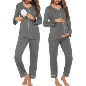 Ekouaer Maternity Pajama Set Button Down Nursing Pajamas Long Sleeve Breastfeeding Loungewear with Adjustable Pants(Deep Grey)