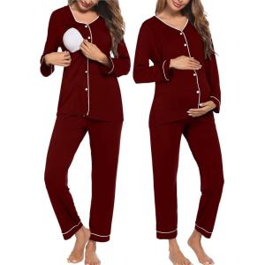 Ekouaer Maternity Pajama Set Button Down Nursing Pajamas Long Sleeve Breastfeeding Loungewear with Adjustable Pants(Red)