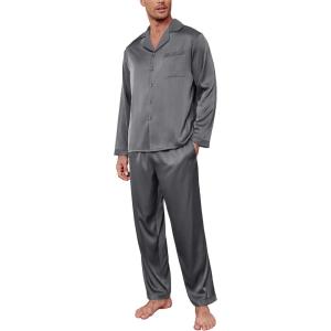 Ekouaer Men’s Silk Pajama Set Long Satin Loungewear 2 Piece Pjs Classic Button Down Sleepwear S-XXL(Dark Grey)