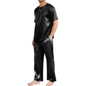 Ekouaer Mens Silk Satin Pajama Set Short Sleeve Sleepwear Silky Loungewear with Long Pants(Black)