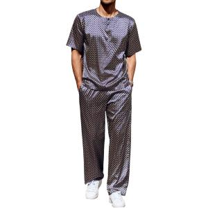 Ekouaer Mens Silk Satin Pajama Set Short Sleeve Sleepwear Silky Loungewear with Long Pants(Clover)