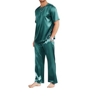 Ekouaer Mens Silk Satin Pajama Set Short Sleeve Sleepwear Silky Loungewear with Long Pants(Dark Green)
