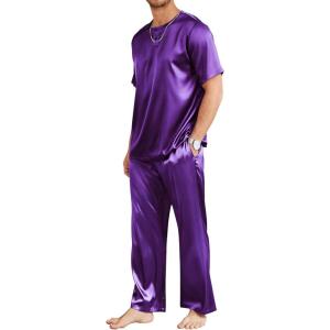 Ekouaer Mens Silk Satin Pajama Set Short Sleeve Sleepwear Silky Loungewear with Long Pants(Purple)