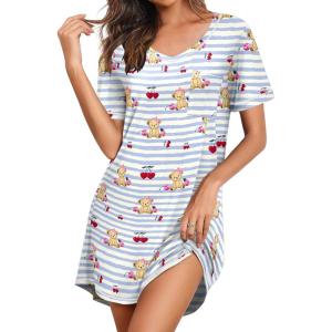 Ekouaer Nightgowns for Women Short Sleeve Sleep Shirts V Neck Nightshirts Soft Sleepshirt Caual T Shirt Sleepdress(Bear Blue)