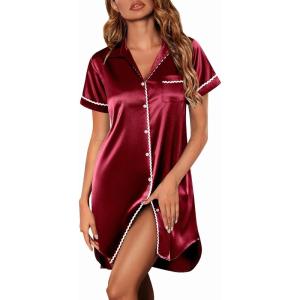 Ekouaer Satin Nightgowns for Women Button Down Nightshirts Silk Sleepshirts Short Sleeve Boyfriend Sleepwear S-XXXL(Wine Red)