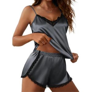 Ekouaer Satin Pajama Set for Women 2 Piece Silky Lingerie Sleepwear Lace Camisole Pj Shorts Set Soft Nightwear S-XXL(Deep Grey)