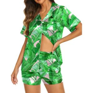 Ekouaer Silk Pajamas for Women Short Sleeve Sleepwear Soft Button Down Loungewear 2 Piece Satin Pjs Shorts Set(Green Leaves)