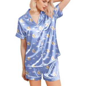 Ekouaer Silk Pajamas for Women Short Sleeve Sleepwear Soft Button Down Loungewear 2 Piece Satin Pjs Shorts Set(Teddy Blue)