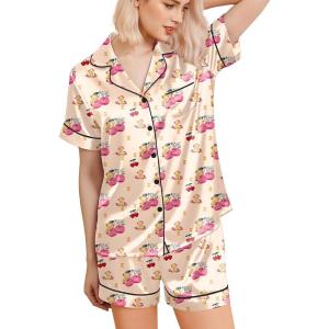 Ekouaer Silk Pajamas for Women Short Sleeve Sleepwear Soft Button Down Loungewear 2 Piece Satin Pjs Shorts Set(Teddy Cherry Champagne)