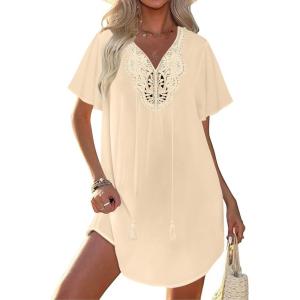 Ekouaer Swimsuit Cover Ups for Women Lace Crochet V-Neck Bikini Beach Coverups Dress for Swimwear Bathing Suit(00-beige)