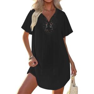 Ekouaer Swimsuit Cover Ups for Women Lace Crochet V-Neck Bikini Beach Coverups Dress for Swimwear Bathing Suit(00-black)