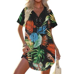 Ekouaer Swimsuit Cover Ups for Women Lace Crochet V-Neck Bikini Beach Coverups Dress for Swimwear Bathing Suit(01-black Leaf)