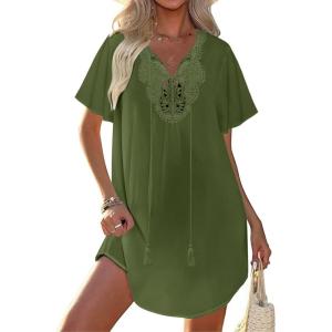 Ekouaer Swimsuit Cover Ups for Women Lace Crochet V-Neck Bikini Beach Coverups Dress for Swimwear Bathing Suit(Army Green)