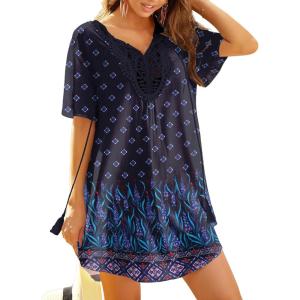 Ekouaer Swimsuit Cover Ups for Women Lace Crochet V-Neck Bikini Beach Coverups Dress for Swimwear Bathing Suit(Black Boho Print)