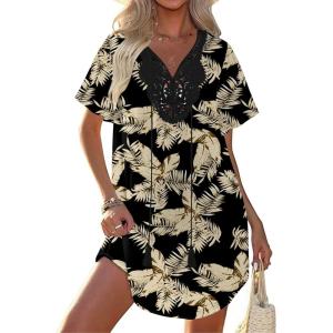 Ekouaer Swimsuit Cover Ups for Women Lace Crochet V-Neck Bikini Beach Coverups Dress for Swimwear Bathing Suit(Black Tropical Print)